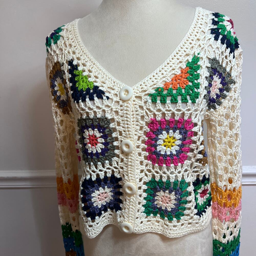 Cream Crochet Granny Square Cropped Cardigan Multicolor Boho Sweater S to Med
